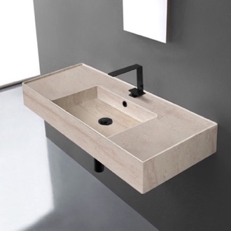 Bathroom Sink Beige Travertine Design Ceramic Wall Mounted or Vessel Sink With Counter Space Scarabeo 5124-E